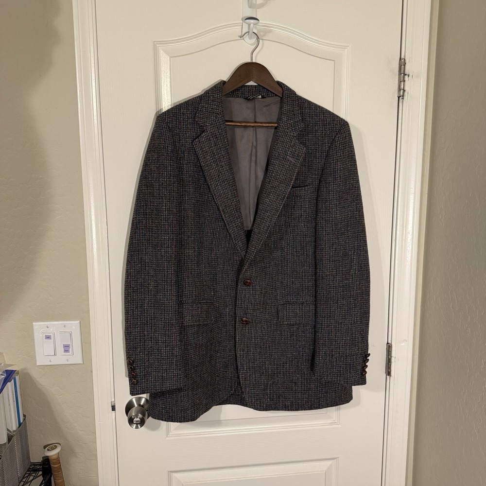 Harris Tweed‎ 42L Blazer 100% Wool Scotland Gray/Blue Plaid Two Button